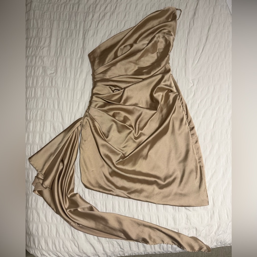 BABYBOO FASHION - One-Shoulder Satin Dress in Tan - WORN ONCE